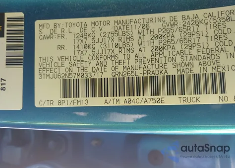 2007 Toyota Tacoma Prerunner V6 z USA, uszkodzony, nr VIN 3TMJU62N57M033717